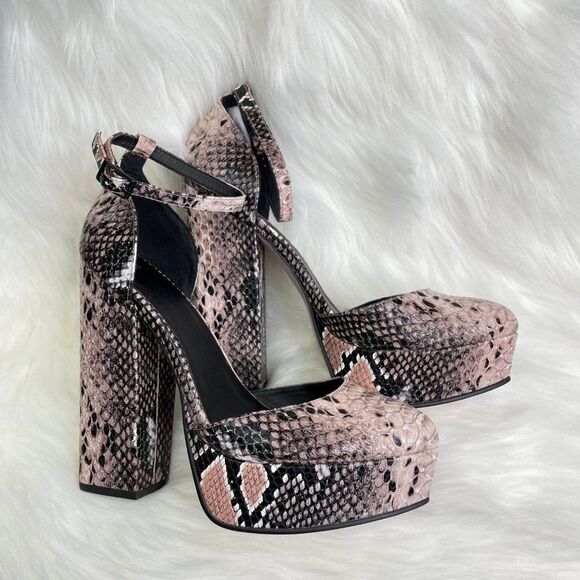 ASOS Black and Nude Snakeskin Print Platform Block Heels Ankle Strap Pump Size 9 - Picture 2 of 8